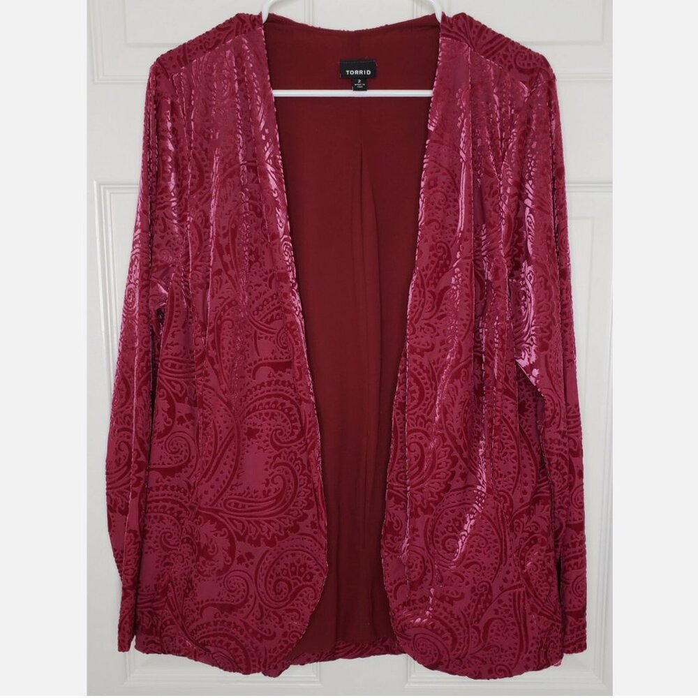 Torrid 2 Red Dark Pink Burnout Velvet Blazer Cardigan 18-20 Top